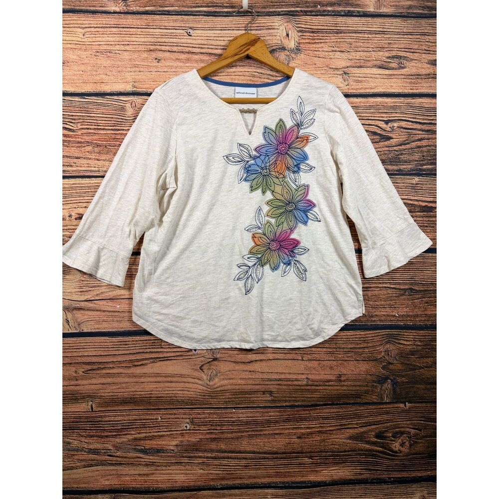 Alfred Dunner Women's Large Cream Floral Embellished 3/4 Sleeve Top 4703